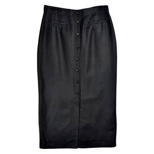 Black Linen Blend Button Front Pencil Midi Skirt Size 12 Tailored Office Y2K VTG